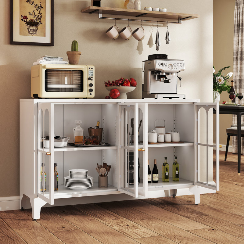 53.2" W Metal Sideboard Buffet Cabinet With Glass Door, Adjustable Shelves, COB LED Light, White