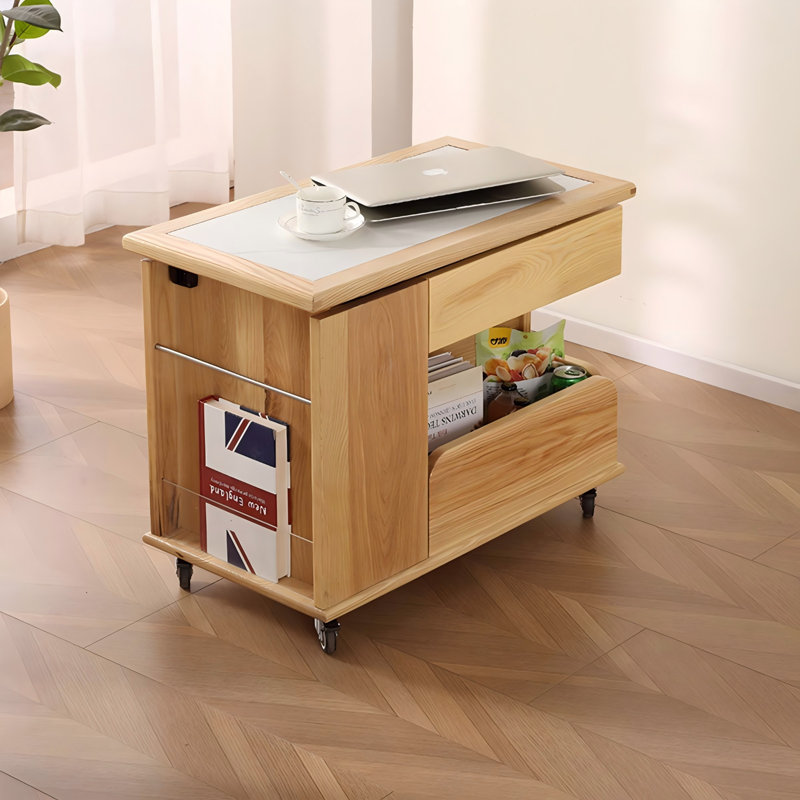 Modern Minimalist Solid Wood Natural Color Height - Adjustable Rotating Mobile Side Table