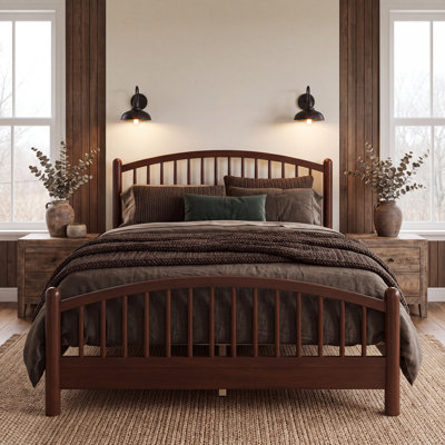 Brown Queen Solid Wood Platform Bed with Curved Arched Headboard, Box Spring Not Needed, Silent Noise-Free Queen Bed, Convenient Assembly Bedroom Bed Frame