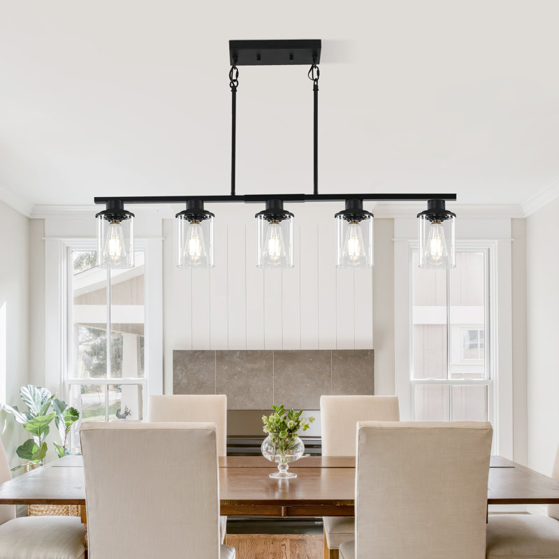 Luminaire d'îlot linéaire noir moderne avec abat-jours cylindriques en verre, Noir mat