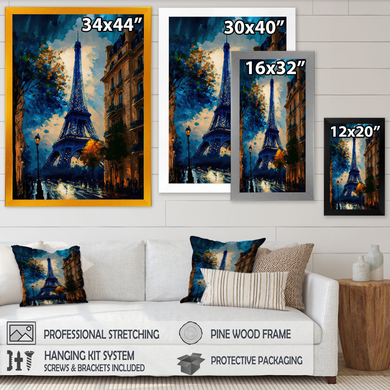 «Blue Eiffel Tower in the Autumn», reproduction sur toile, H 32 po x l 24 po x P 1 po, Impression dorée sur toile encadrée