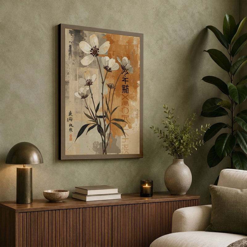 Moonlit Flowers Japandi - Wrapped Canvas, 36x24 - 91.4 x 61.0 cm, Teal Border