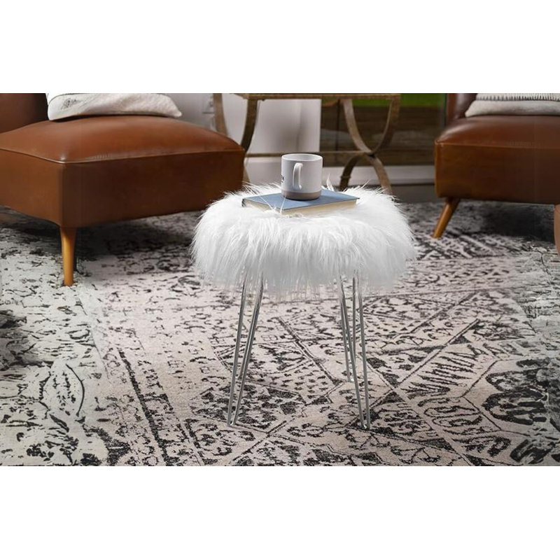 Tabouret rond en fourrure avec pieds en métal (blanc)