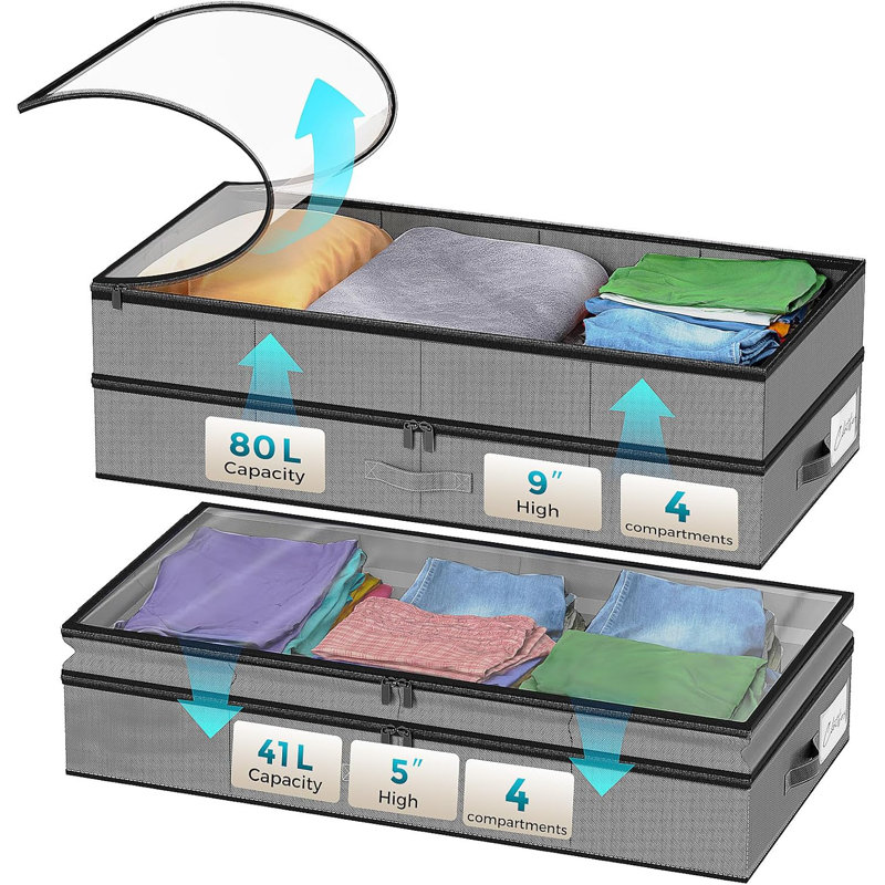 Contenants de rangement réglables sous le lit avec double couche, fenêtre transparente et côtés renforcés, Gris