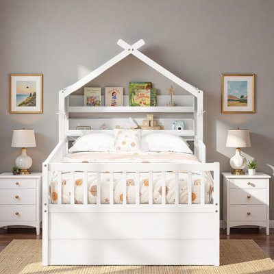 Lit maison avec lit gigogne, tablettes de tête de lit et tiroirs de rangement