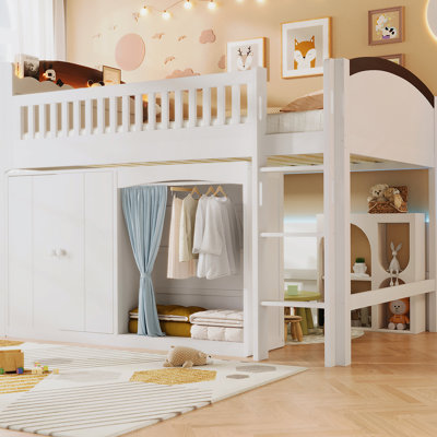 Twin Size Loft Bed With Storage Cabinet, Wardrobe And LED, White And Espresso