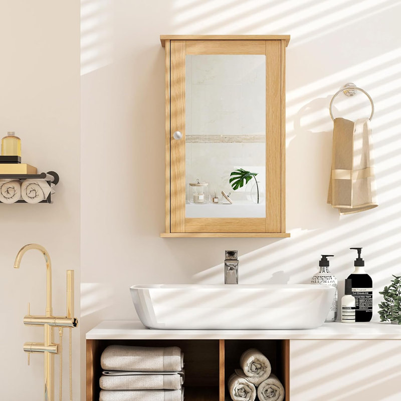 Bathroom Medicine Cabinet Wall Mounted Mirror Cabinet w/ Single Door, Natural