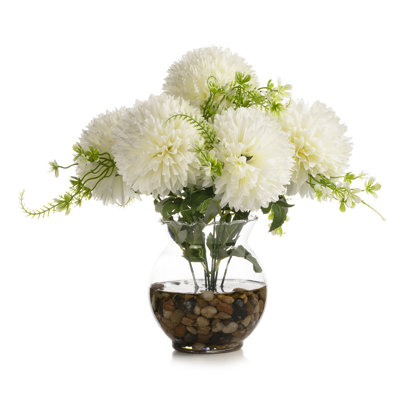 7 têtes de fleurs de souci en soie dans un vase en verre transparent avec eau artificielle et pierre de rivière