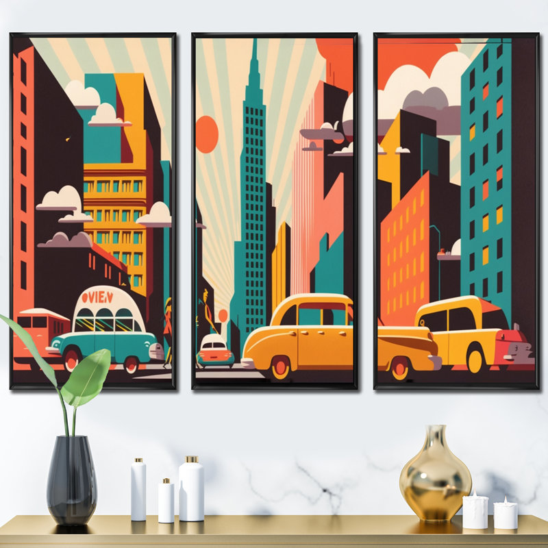 Futuriste paysage urbain avec des voitures I - impression 3 pièces, Cadre noir, H 28 po x l 36 po x P 1 po