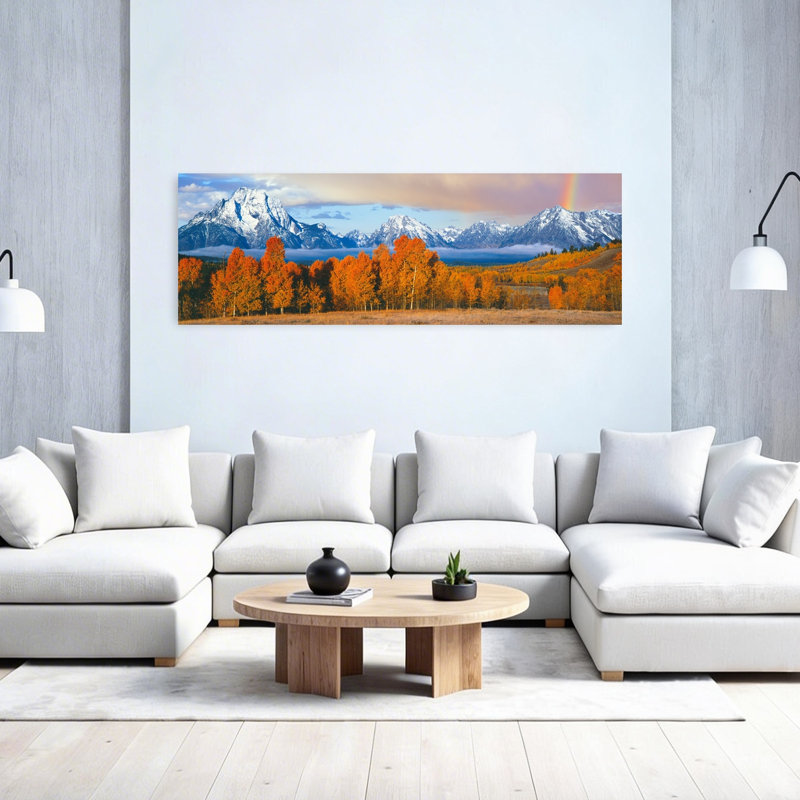 Autumn Trees With Mountain Range In The Background Oxbow Bend Teton Range Grand Teton National Park Wyoming USA by Leo L. Larson - Wrapped Canvas Panoramic Print