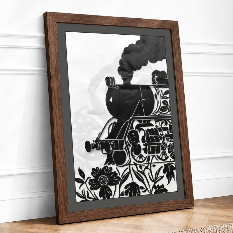 Steam Engine And Blossoms Industrial - Print, A2 - 59.4 x 42.0 cm, Walnut