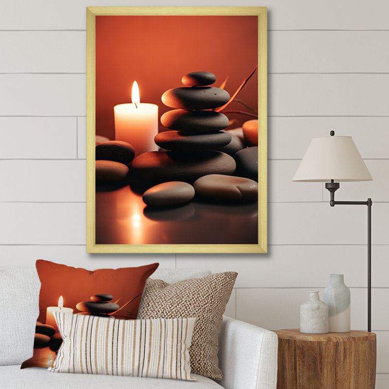 «Candle Flame Zen Stone Cairn Sculpture Balance I», reproduction sur toile, H 32 po x l 16 po x P 1 po, Cadre doré simple