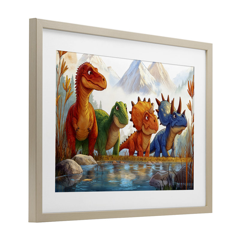 «Four Dinos By The Pond», reproduction sous verre encadrée, design par Wumples, H 17 po x l 23 po, Cadre de récolte en pin