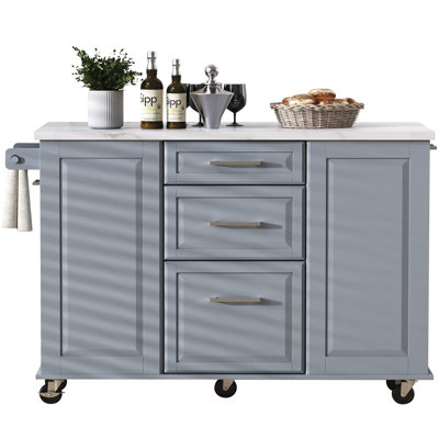 Îlot de cuisine 50,7 po avec rangement, poubelle inclinable et organisateur d'armoire escamotable, îlot de cuisine sur roulettes à 5 roulettes avec abattant, 2 tiroirs, 1 porte