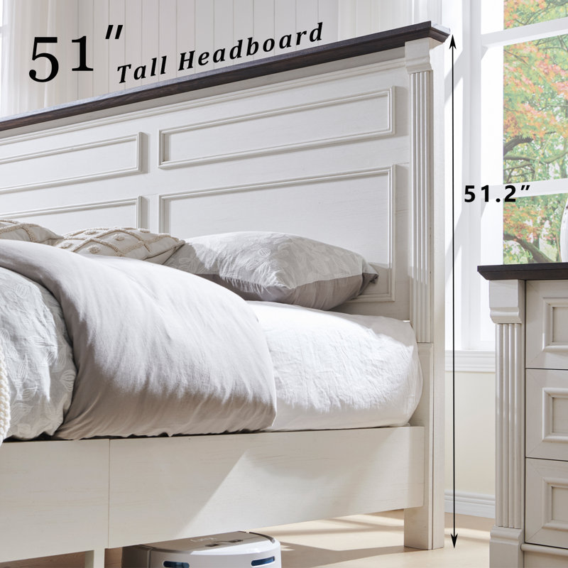 Cadre de lit très grand Burlington Farmhouse avec tête de lit 51 po, cadre de lit plateforme en bois, Très grand lit, Blanc