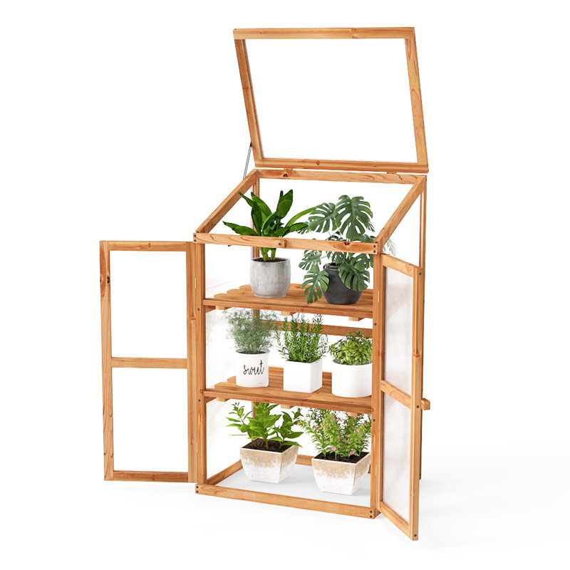 Mini Wooden Cold Frame Greenhouse Outdoor 3-Tier Raised Flower Planter Shelf, Orange