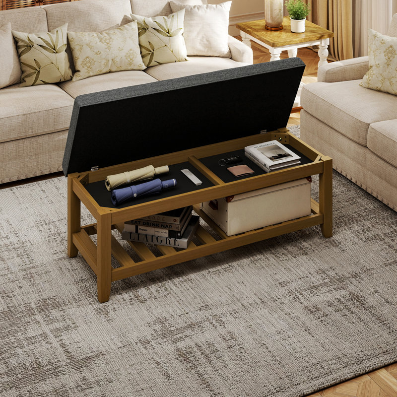 Repose-pieds capitonné rectangulaire en bois massif 44,5 po avec tablette de rangement - gris foncé, 44,5 po x 18 po x 16 po