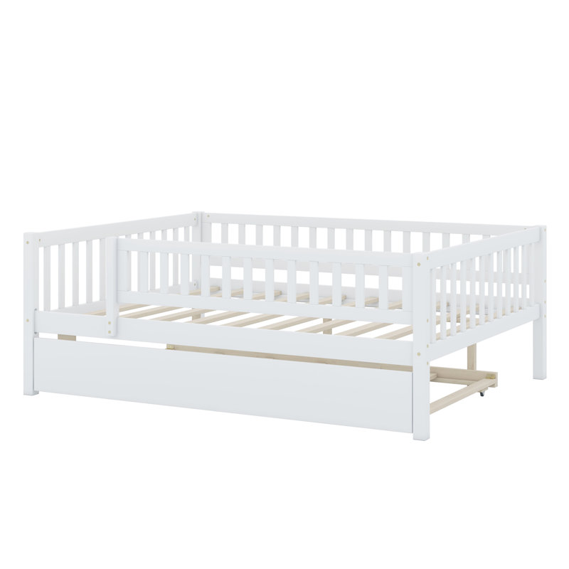 Daybed With Trundle And Fence Guardrails, White