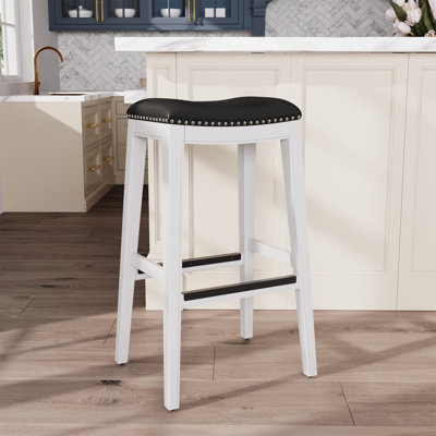 Tabouret 30 ", finition blanche, siège en cuir noir