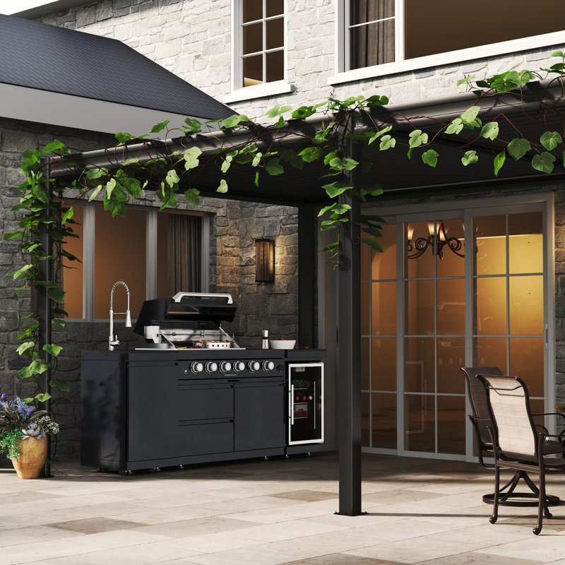 46" 4-Burner Gas Grill Outdoor Kitchen with Fridge, Rotisserie & Granite Counter