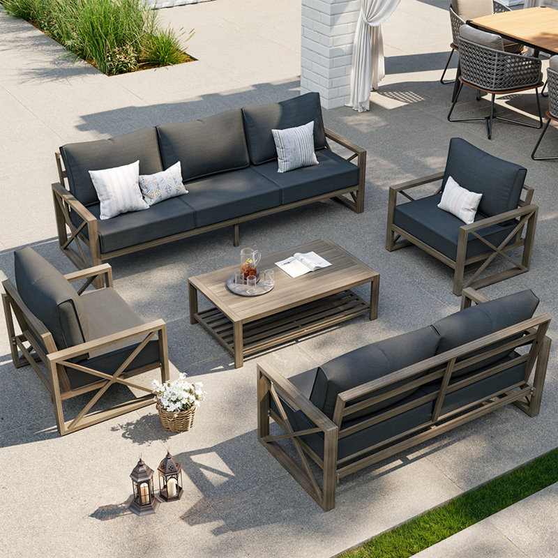 Ensemble de conversation moderne pour patio 5 pièces avec tissu en oléfine, Gris