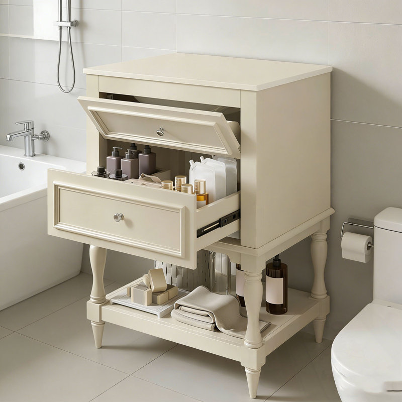 Meuble-lavabo avec lavabo, 2 tiroirs et tablette ouverte, Beige