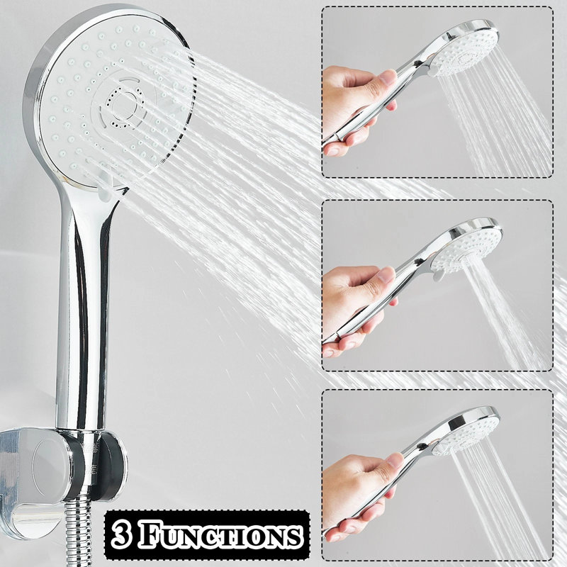 Pomme de douche chromée combinée, pomme de douche à haute pression de 8 pouces avec pomme de douche à main à 3 réglages, tuyau inclus, sans bras d'extension, pour salle de bain et hôtel