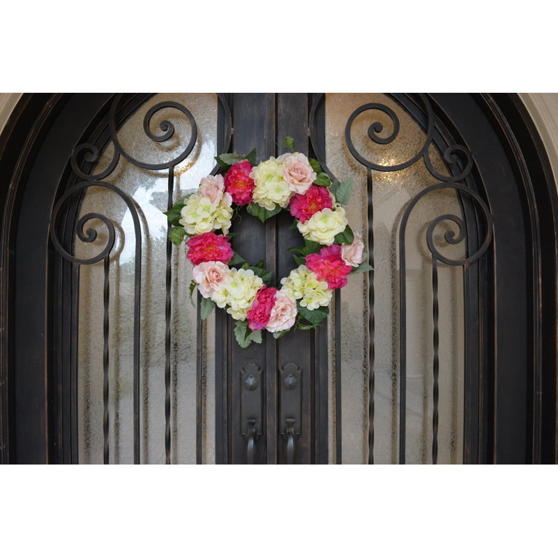 Couronne en polyester 24,5 po artificiel pivoine, rose et hortensia