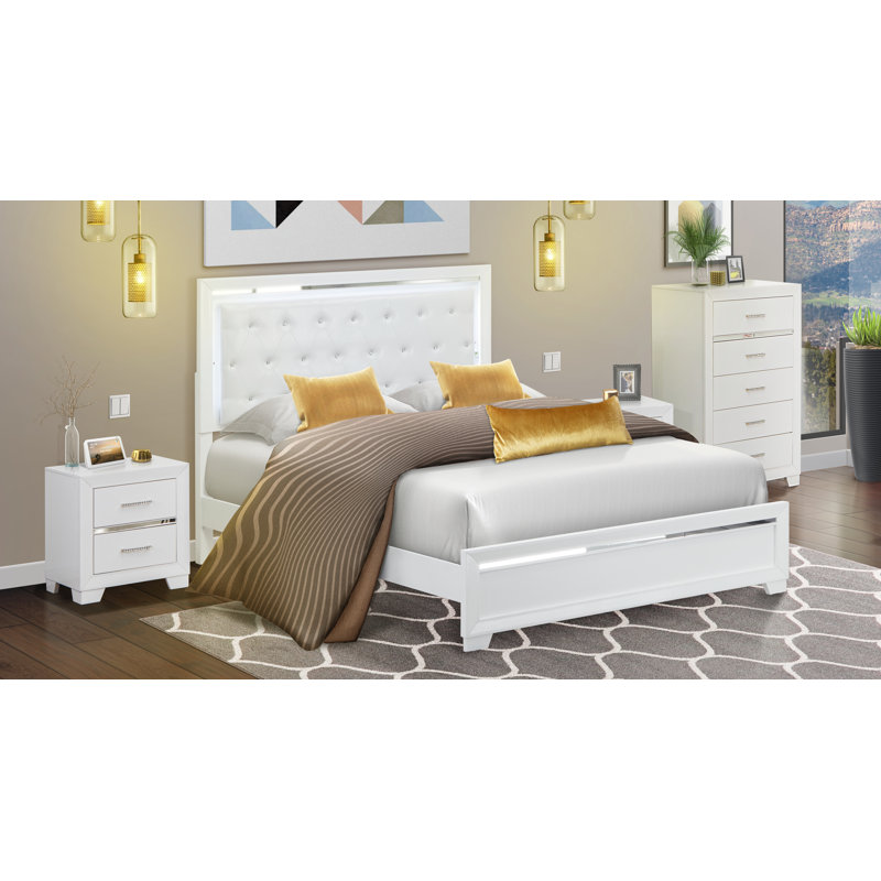 4-Piece Bedroom Set with Adjustable LED lighting Headboard Queen Bed and 2 Rectangular Small Nightstand, Mid Century Chest Dresser - White Finish