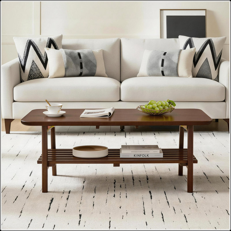 Table basse rectangulaire en bois de style Mid-Century avec tablette de rangement, idéale pour un intérieur moderne et organisé, couleur noyer brun