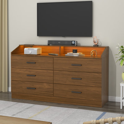 Vikky 6 Drawers Dresser with Power Outlet, Chest of Drawers with LED Light, Modern Dresser Organizer