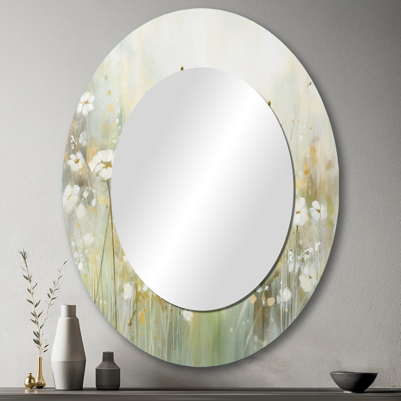 Green Beige Serene Meadows II - Abstract Oval Decorative Mirror On Metal, 43" x 33"