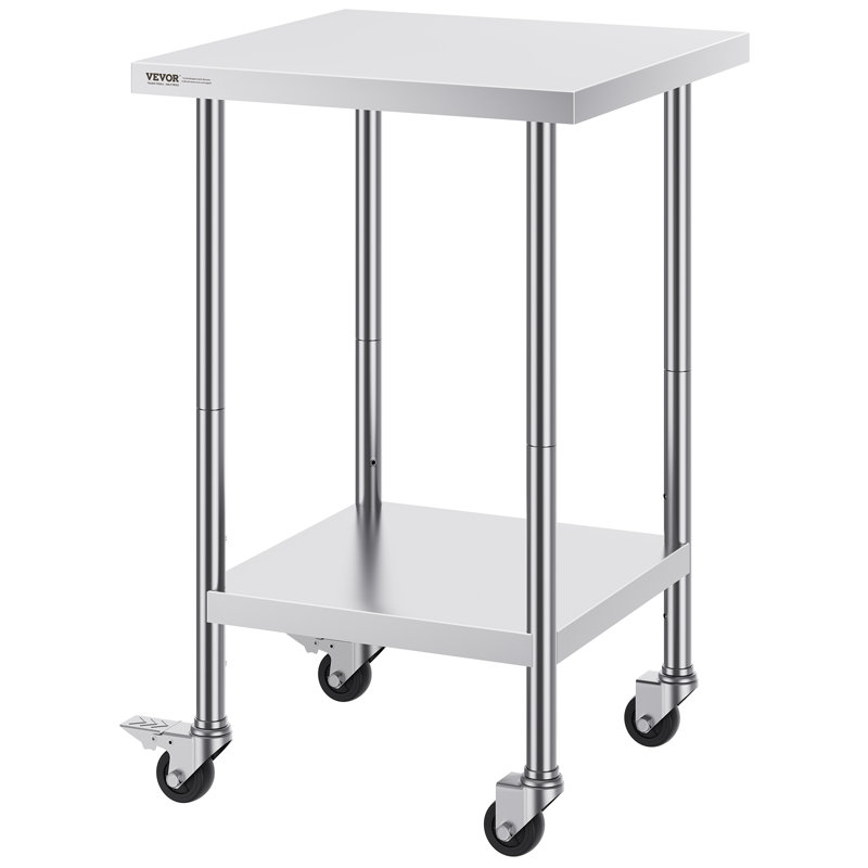 Table de travail en acier inoxydable, hauteur de 38 pouces, tablette réglable, roulettes incluses