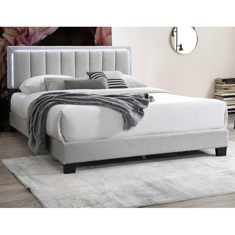 Lit double tapissier 1Pc avec DEL, Gris clair