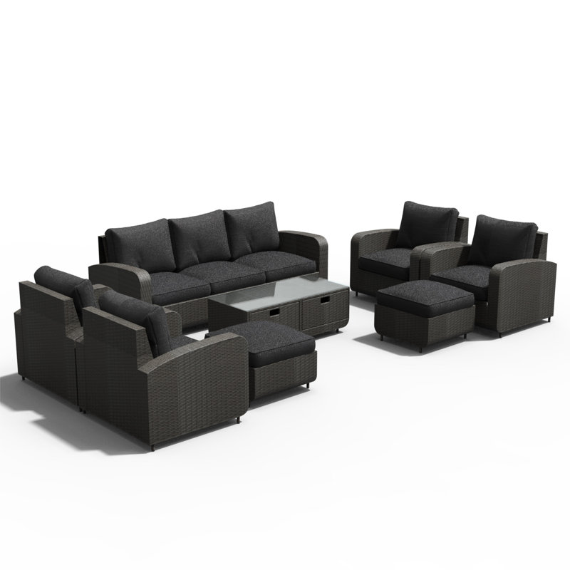 Ensemble de conversation en osier / rotin pour 9 personnes avec coussins