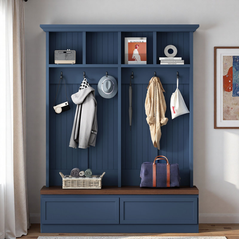 Farmhouse Hall Tree With Wood Grain Bench, Coat Rack, 2 Large Drawers And Open Storage Space