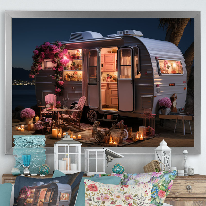 Pink Camping Van Desert Getaway II - Camping Travel Wall Art, Silver Closed Corner Framed, 34" H x 44" W x 1.5" D