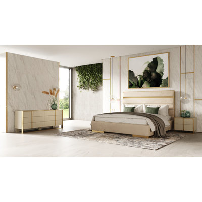Calliann - Modern Beige Velvet + Brushed Brass 4-piece Bedroom Set