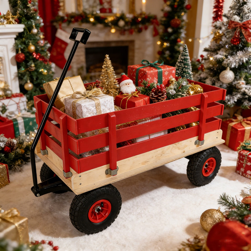 Chariot de chariot en bois avec poignée pliante, chariot utilitaire tout-terrain robuste pour l'extérieur, le jardin, le camping et la plage - chariot utilitaire à tirer classique