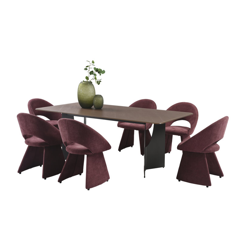 Ensemble de salle à manger moderne 7 pièces avec plateau en verre trempé et chaises rembourrées Arechiga, Brun, Mauve