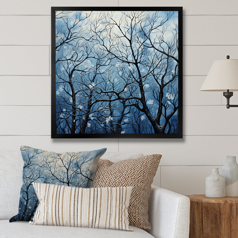 Minimalisme, arbre bleu, charme II, Cadre simple noir, H 30 po x l 30 po x P 1 po