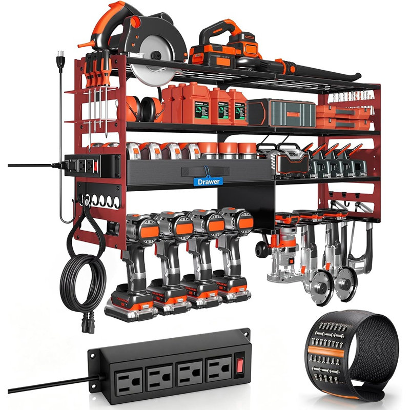 Support mural robuste pour outils électriques, avec rangement intégré rouge.