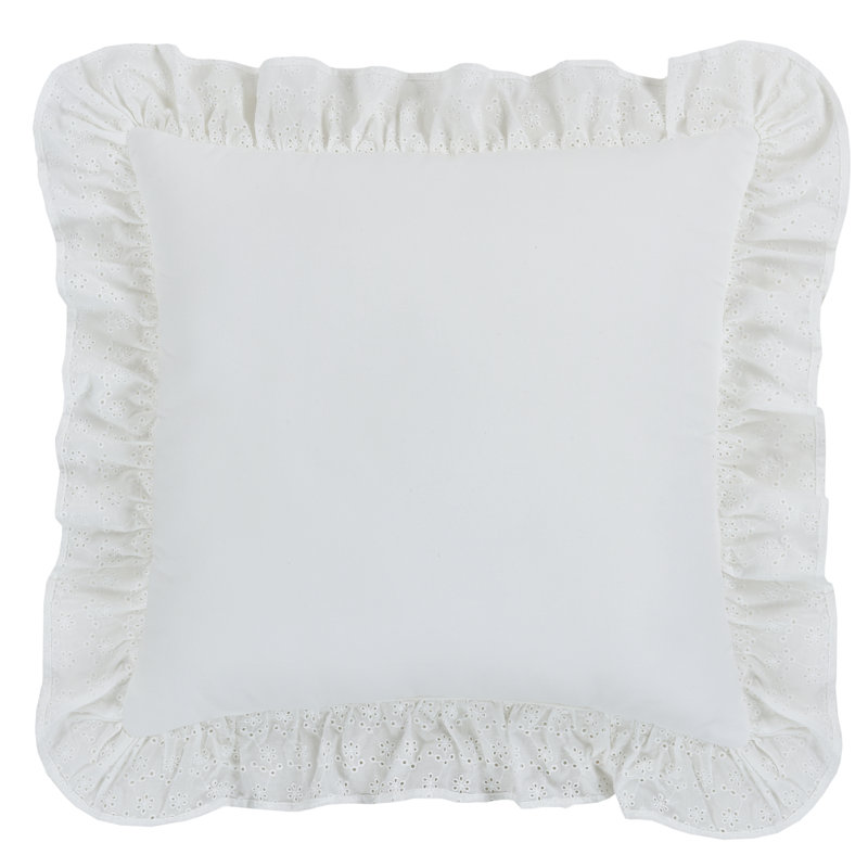 White Cotton Eyelet Lace Ruffled Square Throw Pillow