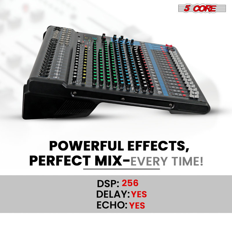 5 Core Audio DJ Mixer 16 Channel Sound Board Console w 24 SPX Effect 48V Phantom Power