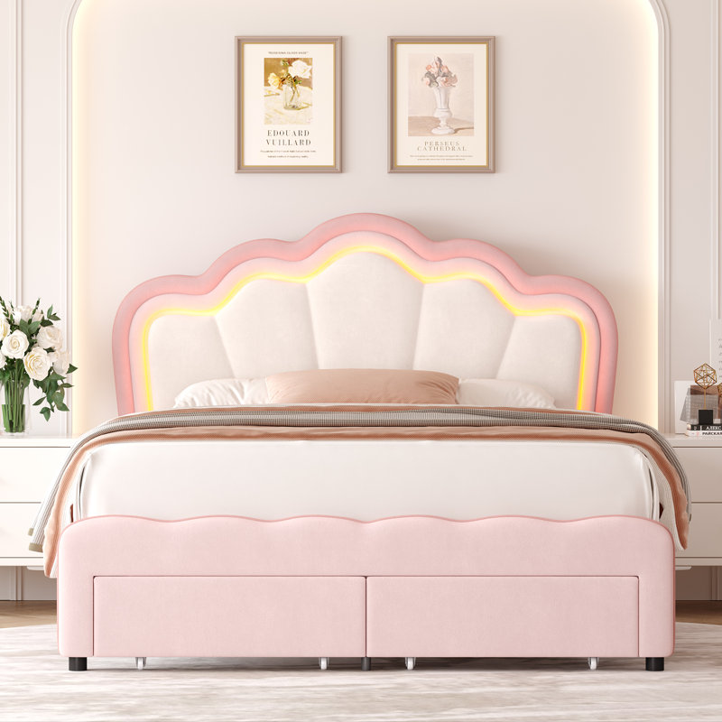 Lit pour enfant tapissier avec tiroir et tête de lit réglable Avalie, Double, Velours rose / beige