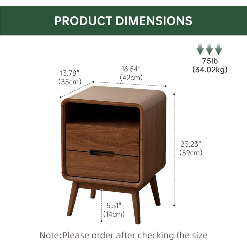 42cm W Solid Wood Bedside Table, American Walnut