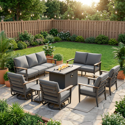 9-Person Aluminum Outdoor Patio Conversation Set With Fire Pit Table, Swivel Rocking Chairs, Wood-Look Armrests & 5.12" Thick Cushions