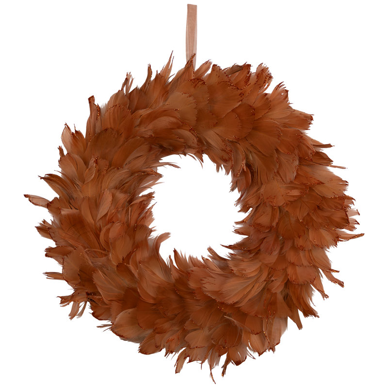 Two-Tone Feathers Christmas Wreath - 14.5" - Unlit, Rust Orange