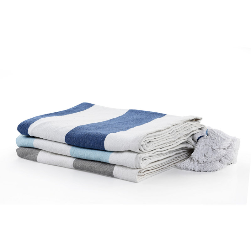 Jeté rayé 100% coton avec pampilles, Bleu / blanc rayé 2