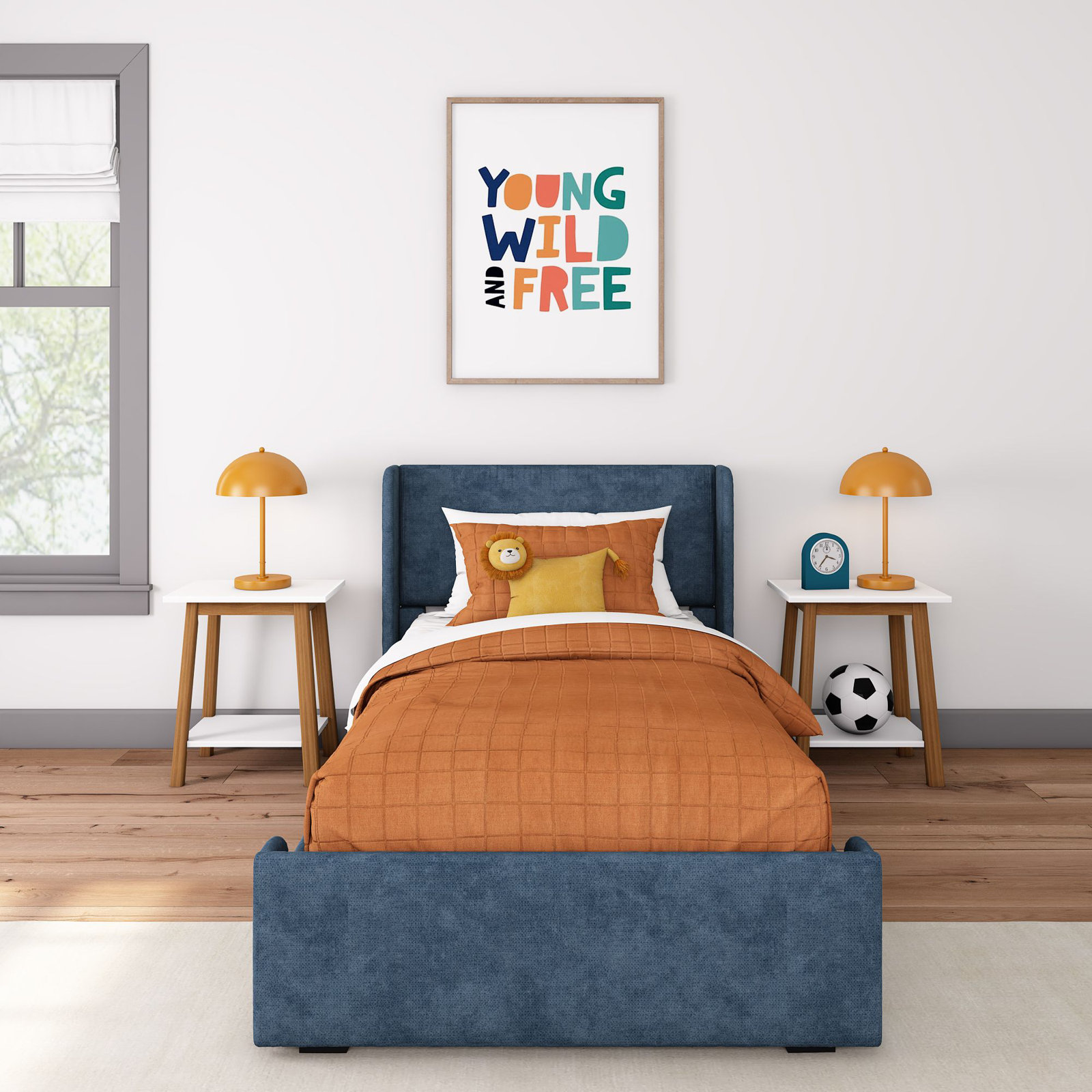 Solid Wood Upholstered Panel Bed, Blue, Twin